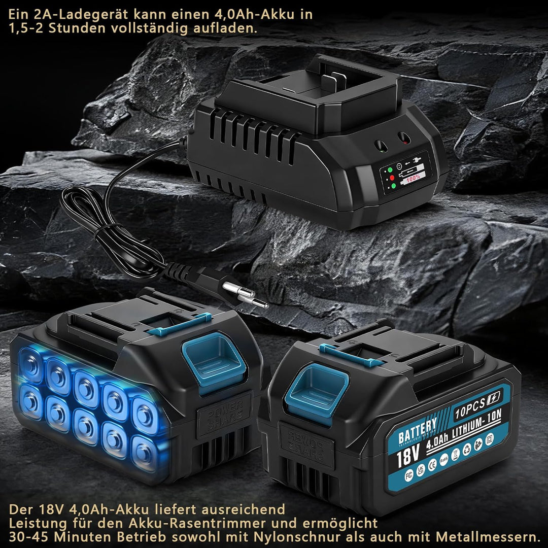 7-in-1 Akku-Rasentrimmer für Makita-Akkus mit 2 Akkus&amp;Ladegerät | 1200W Freischneider mit Unkrautbür
