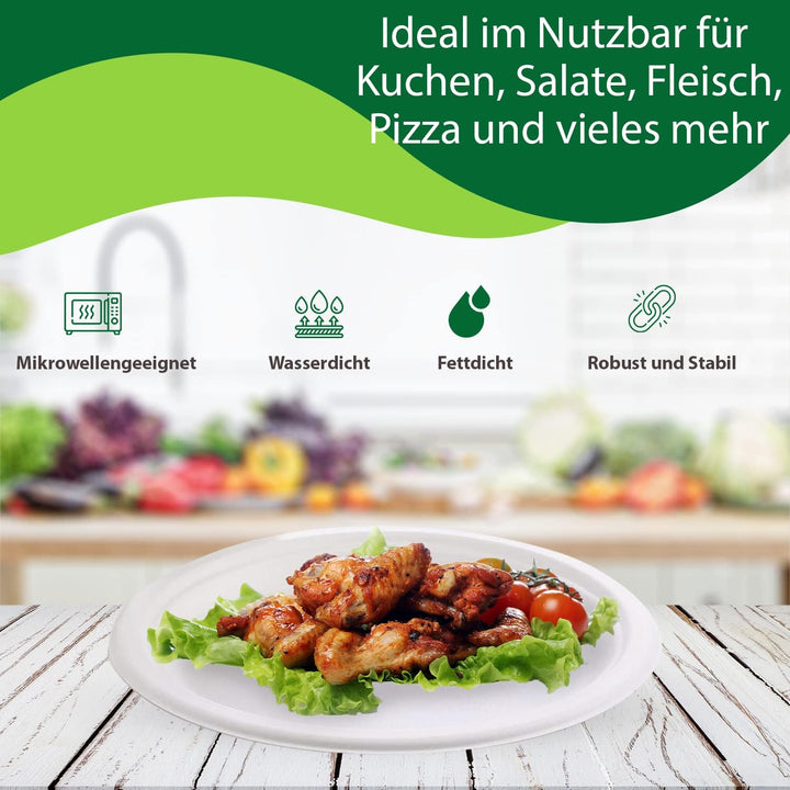 BIODORF Umweltfreundliche Einweggeschirr | 200 teilig (je 50 Zuckerrohr Teller, Kompostierbare Gabel