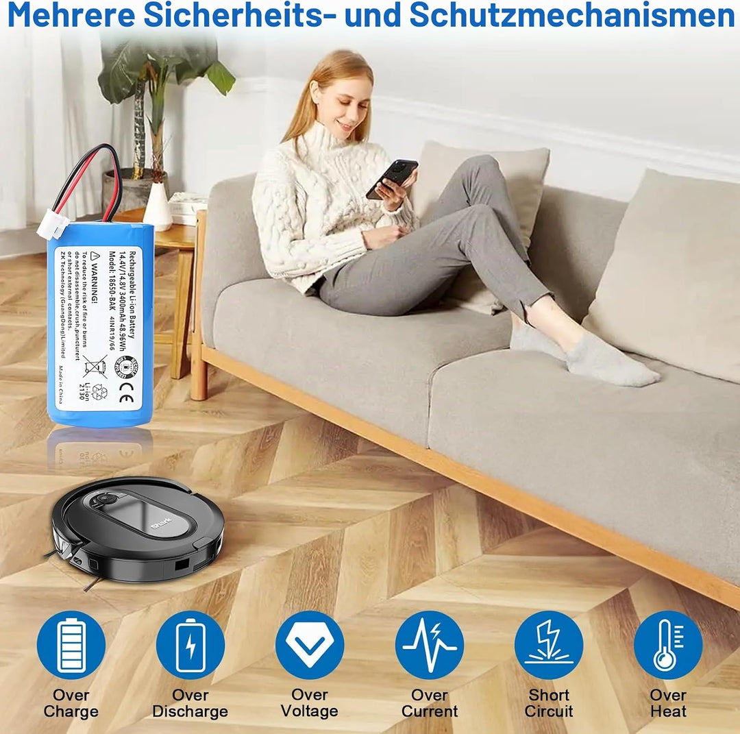 14,4 V 3400 mAh 48,96 Wh Li-Ionen-Ersatzakku, kompatibel mit Shark Ion Robot RV1001AE, R75, R85, S87