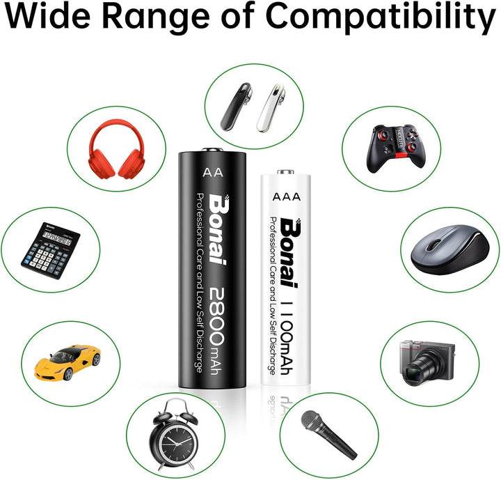 BONAI Akku AA AAA 2800/1100mAh 24 Stück Wiederaufladbare Batterien hohe Kapazität 1,2V AA/AAA Accu N