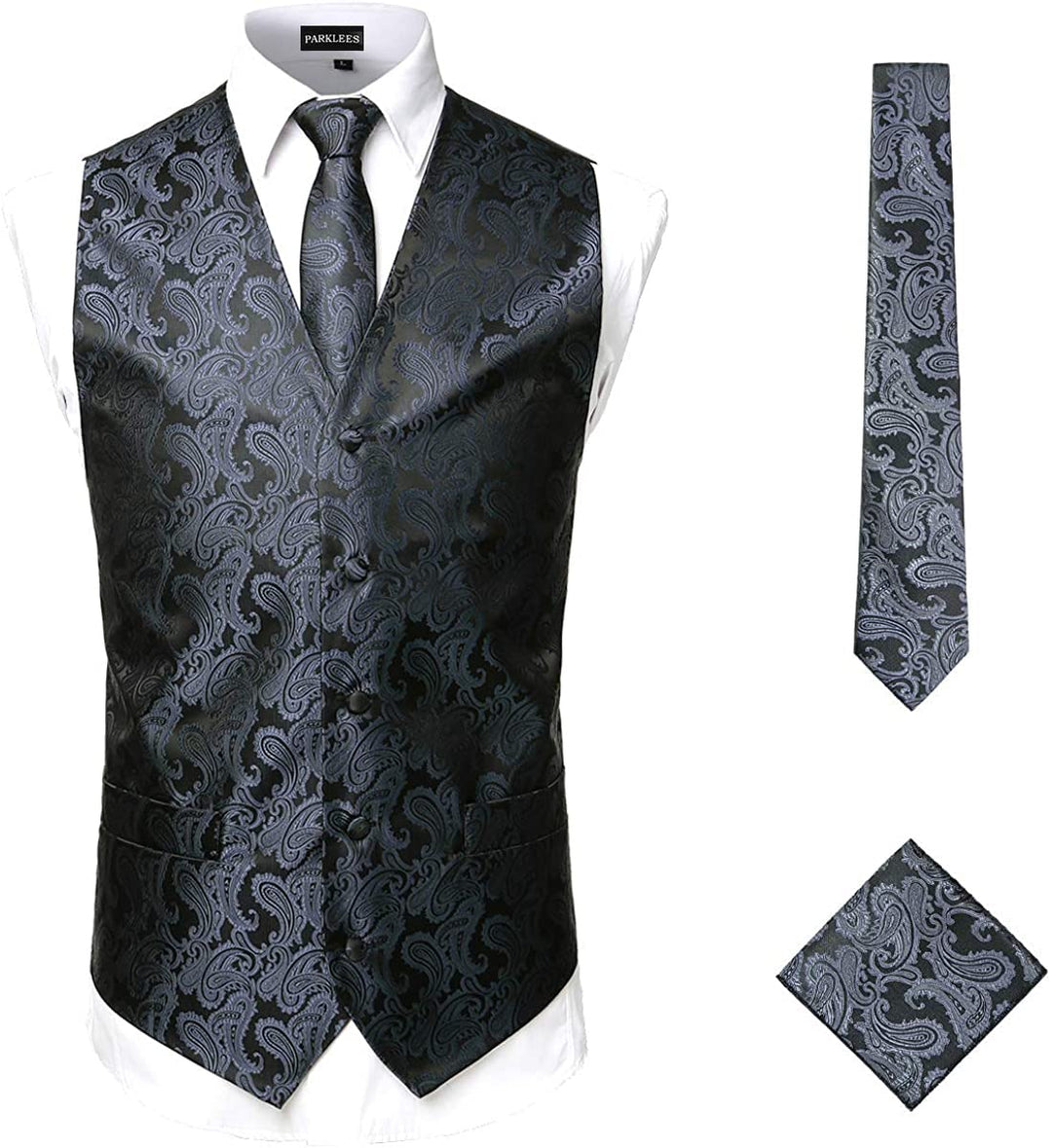PARKLEES Klassische Herren-Weste, 3-teilig, Paisleymuster, Krawatte, Einstecktuch, Set, Hochzeit, Ab