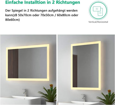 EMKE LED Badspiegel 50x70cm Badezimmerspiegel mit Beleuchtung Warmweissen Lichtspiegel Wandspiegel I