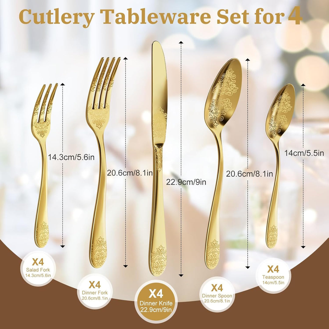 DRAGON RIOT Gold Besteck Set 20-Teilig, Edelstahl Besteckset für 4 Personen, Essbesteck Set mit Mess