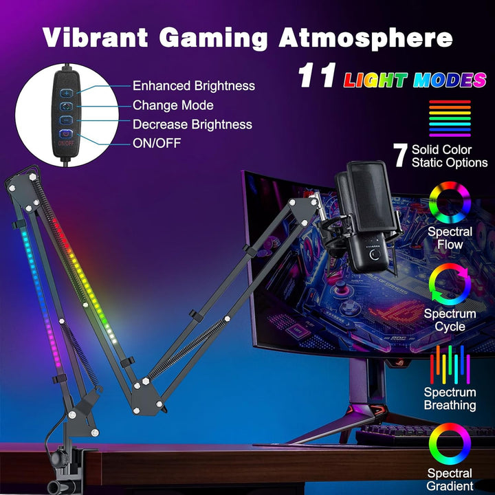 Jubor Mikrofon Boom Arm mit RGB Licht, Mikrofonarm Schreibtisch mit 3/8" bis 5/8" Schraube, Verstell