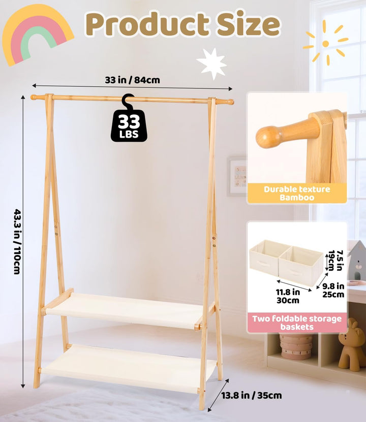 Bambus Kinder Kleiderständer, mit 2 Aufbewahrungskiste und 2 Ablage, Kleiderstange & Ablage, Kinderz