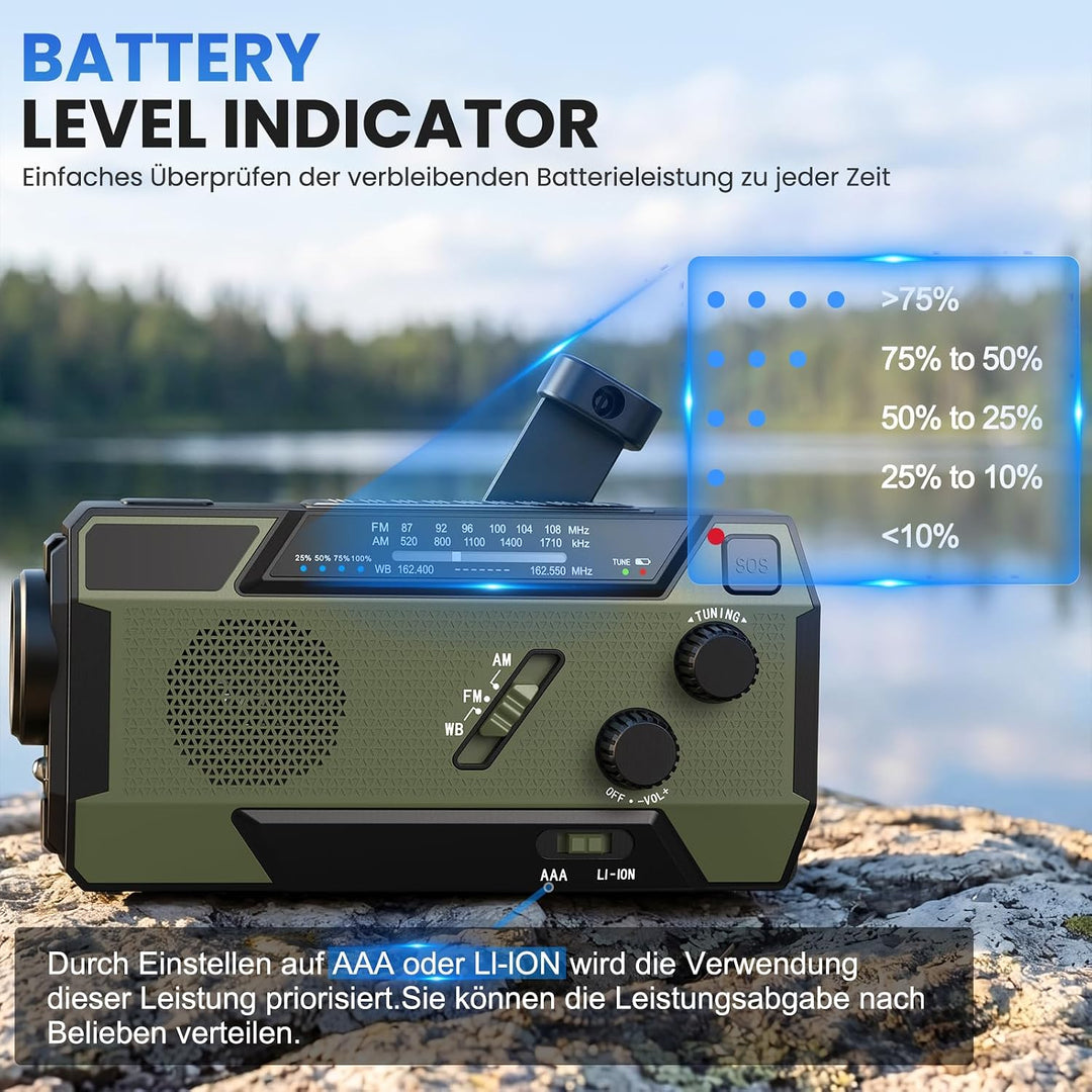 Kurbelradio Notfallradio 4000mAh (14800 mWh) Akku, Powerbank mit 3 integrierten Kabeln, Radio mit Ku