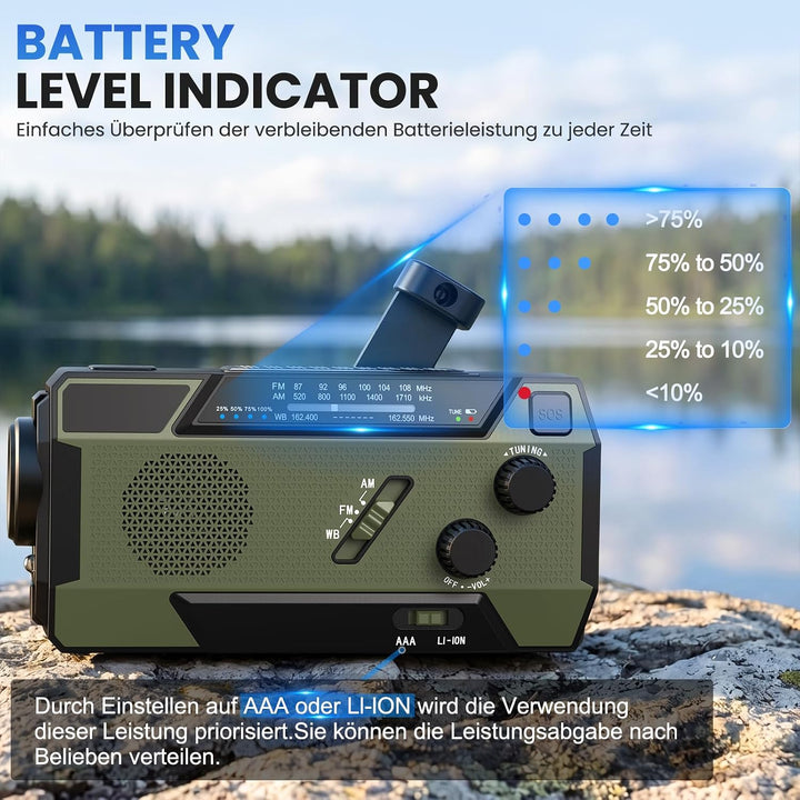 Kurbelradio Notfallradio 4000mAh (14800 mWh) Akku, Powerbank mit 3 integrierten Kabeln, Radio mit Ku