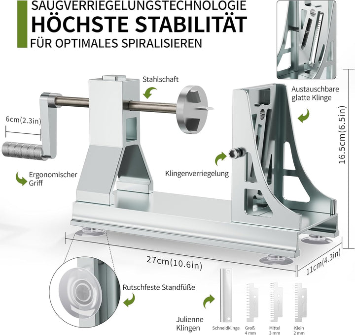 Spiralschneider Gemüse aus Edelstahl mit 4 Klingen, Profi-Spiralschneider für Kartoffeln, Karotten u