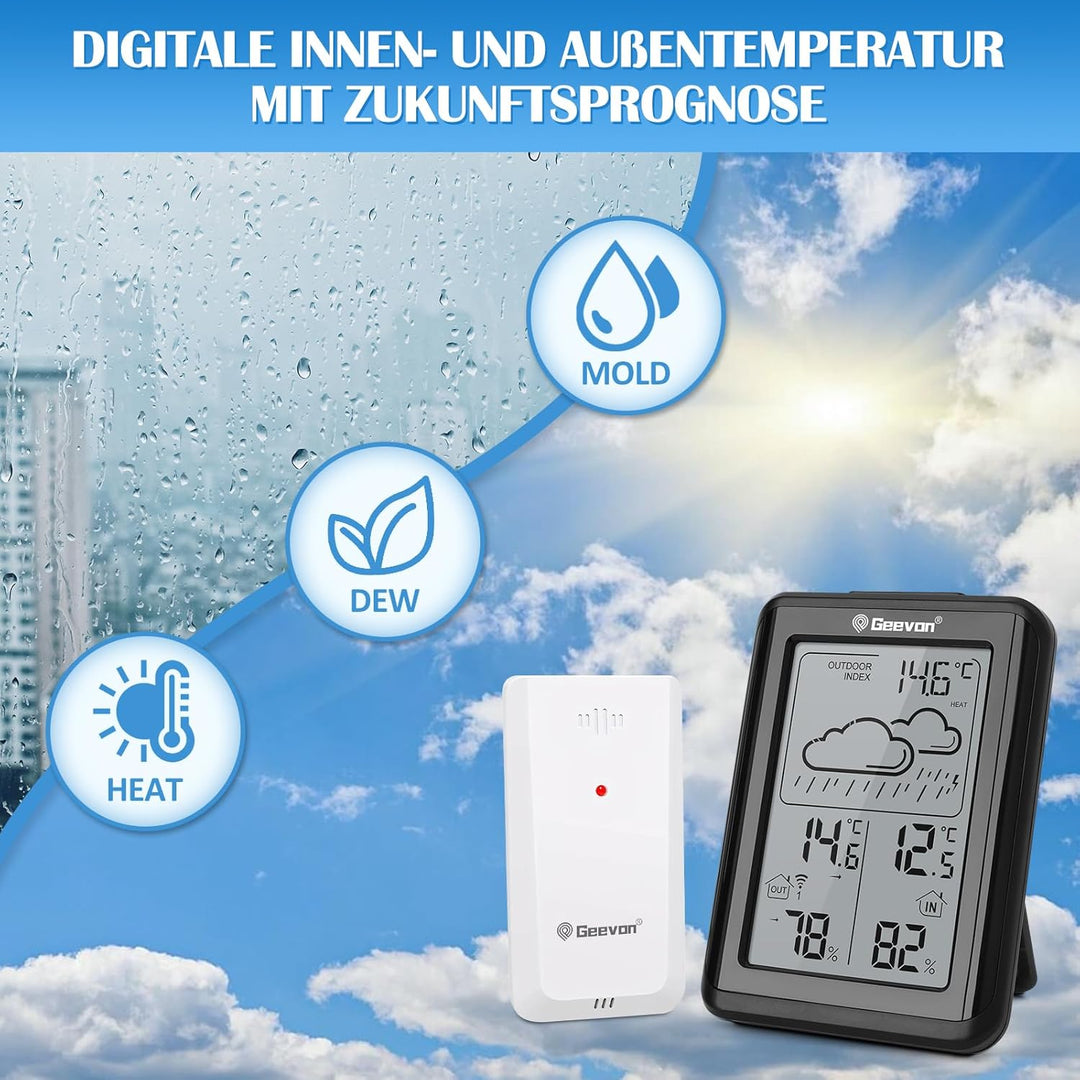 Geevon Wetterstation Funk mit Aussensensor, einfache Bedienung, präzise Wettervorhersage, zuverlässi