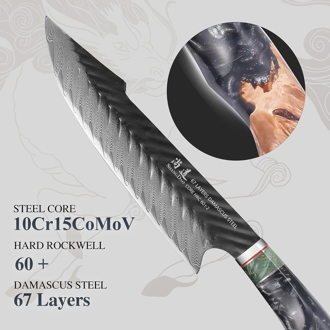 SHANGDAO Damaskus Kochmesser Küchenmesser mit Lederscheide, 20 cm, 67 Schichten Legierter Stahl 10Cr