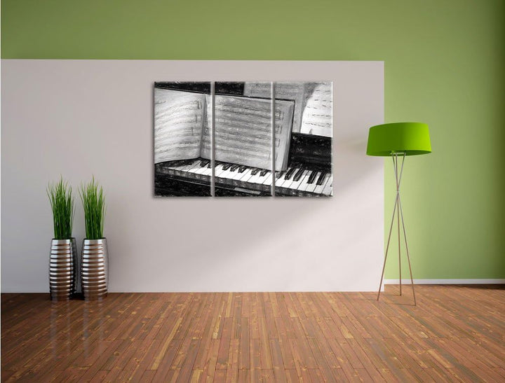 Pixxprint Klavier und Notenblätter als Leinwandbild | Grösse: 3 Teilig (120x80) | Wandbild| Kunstdru