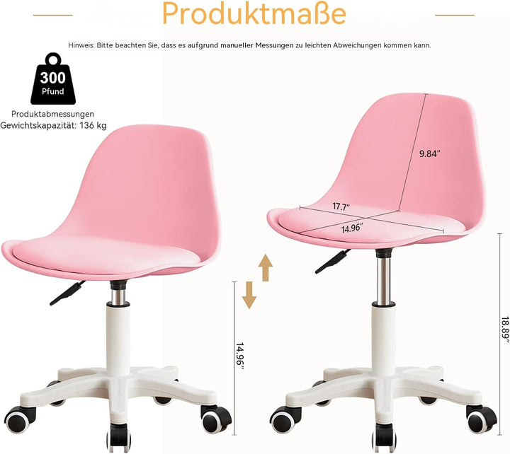 Kleiner Schreibtischstuhl ohne Armlehnen, höhenverstellbarer Home-Office-Stuhl für Jugendliche Pink-