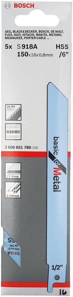 Bosch Professional 5x Säbelsägeblatt 'Basic for Metal' S918A (für Metall, 150 x 16 x 0.6mm, ZT 1mm,