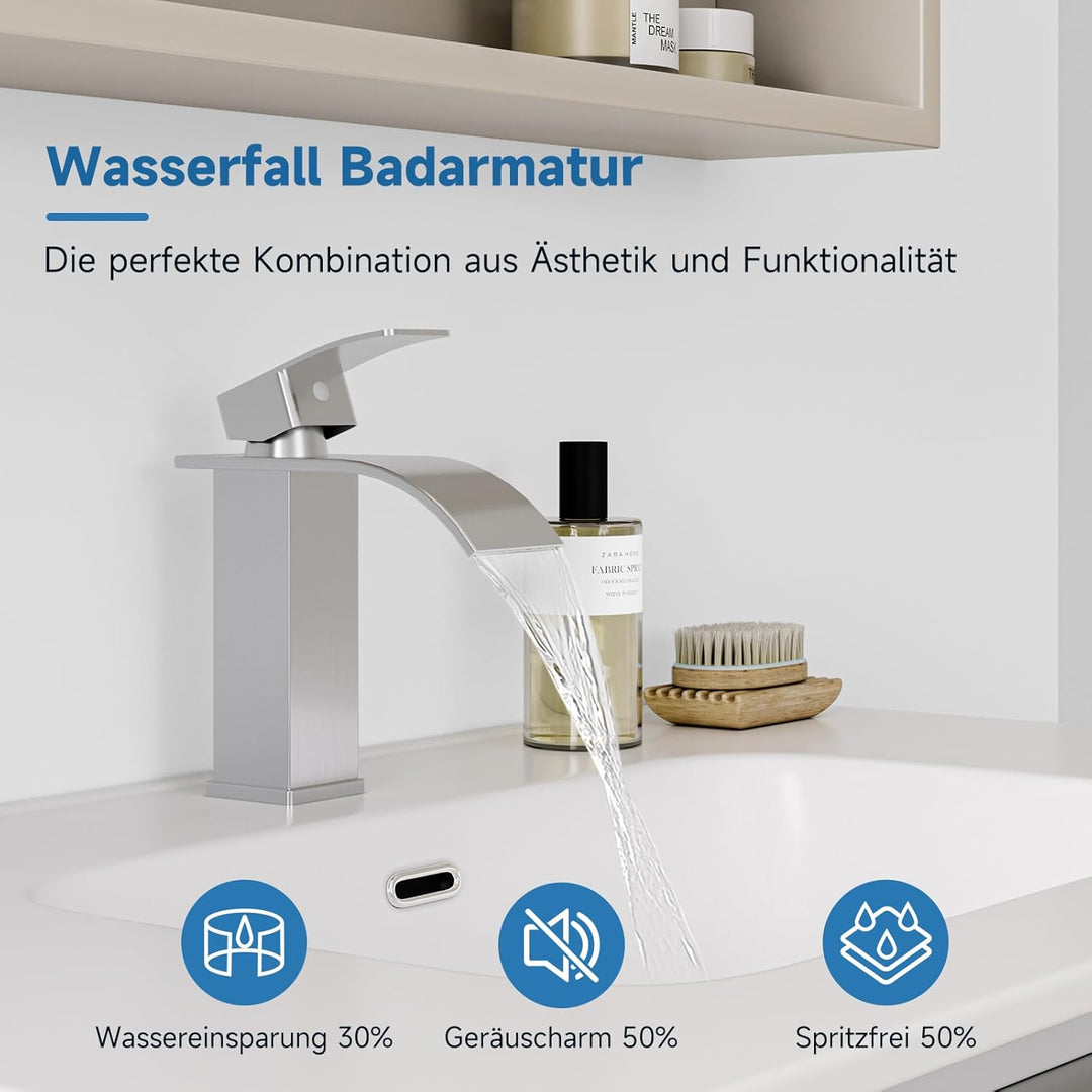 Wasserhahn Bad Gebürstet Nickel, Wasserfall Wasserhahn Einhebelmischer Waschbecken, Einloch-Waschtis