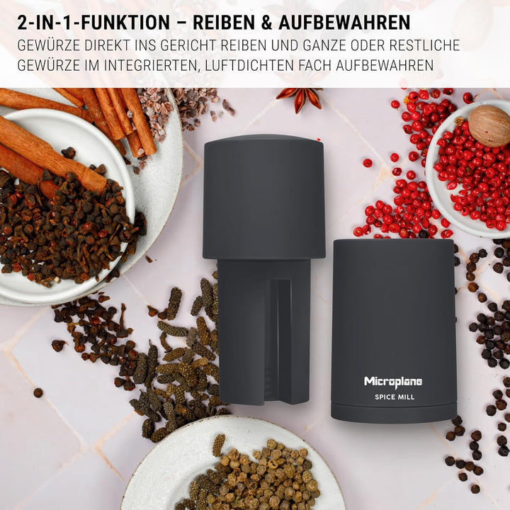 Microplane Gewürzmühle 2in1 – Anthrazit Grau | Manuelle Mühle mit rasiermesserscharfer Edelstahlklin