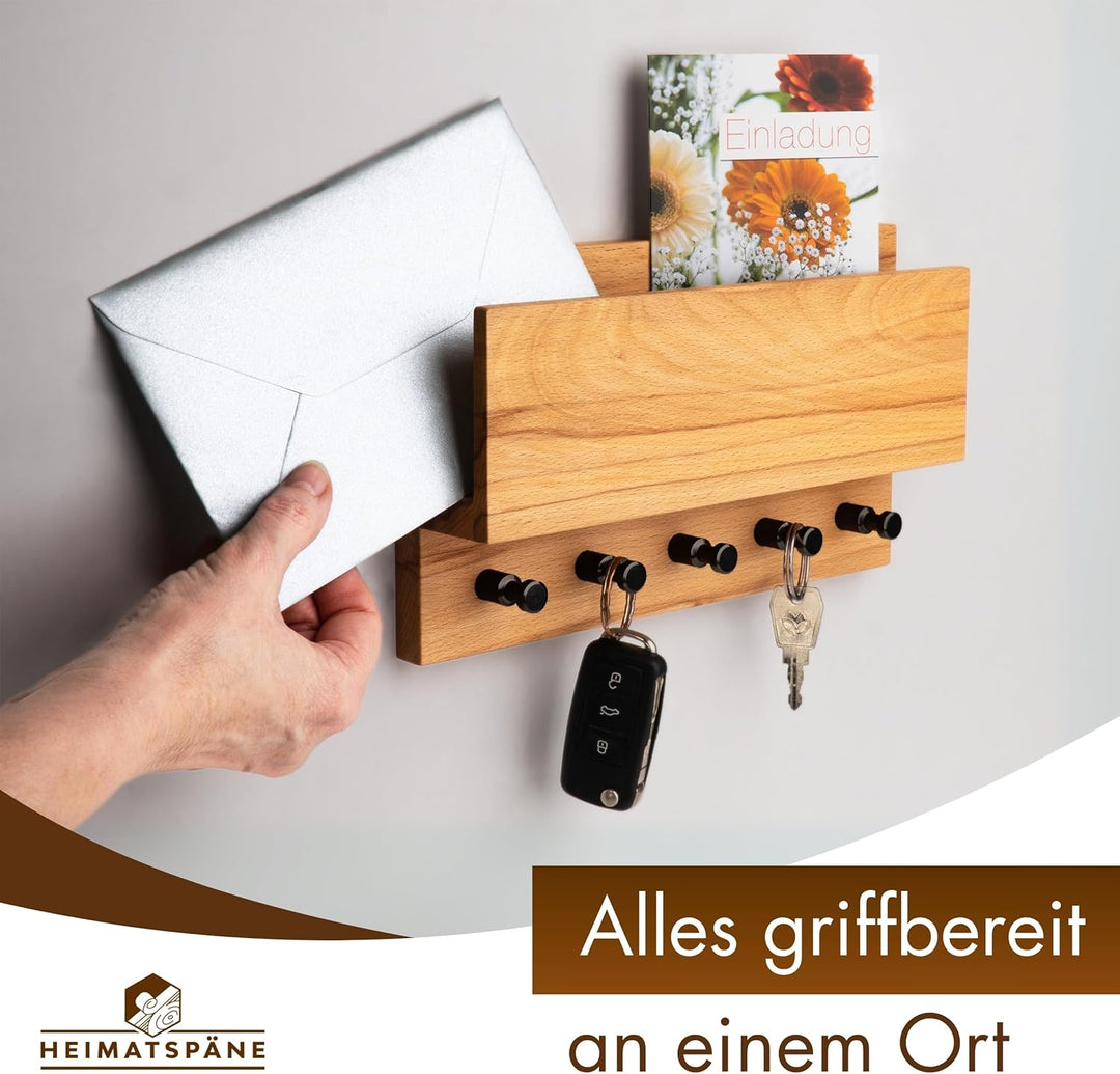 Schlüsselbrett Holz mit Ablage - massive Kernbuche, hochwertige schwarze Edelstahlhaken, Schlüsselbo