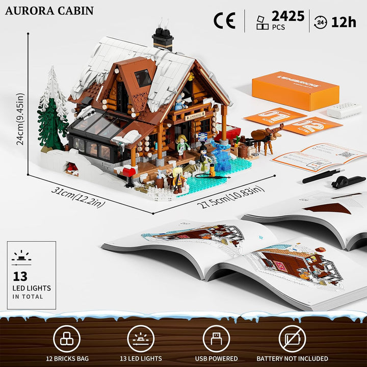 Lumibricks Aurora Cabin mit LED– 2425 Teile Holzhaus Bausatz mit Nordlicht-Projektion, Innovatives A