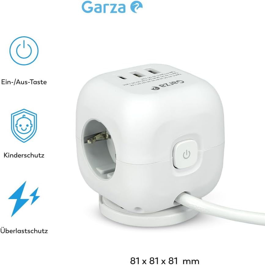 6-in-1-Steckdosenleiste CUBO mit 3 Schuko-Steckdosen, 2 USB-A- und 1 USB-C-PD20W-Anschluss, Schnelll