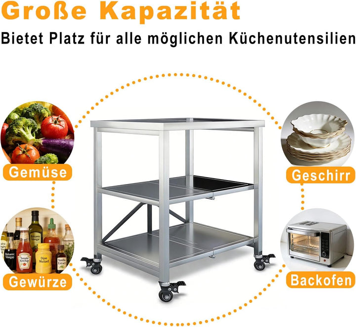Rollwagen Servierwagen, Küchenwagen 3-stöckiger Allzweckwagen Feststellbremse, Regal Edelstahlwagen