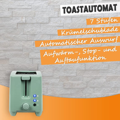 Toaster 2 Scheiben Grün 750 Watt - Toastautomat mit Krümelschublade 7 Bräunungsstufen - Regelbarer T
