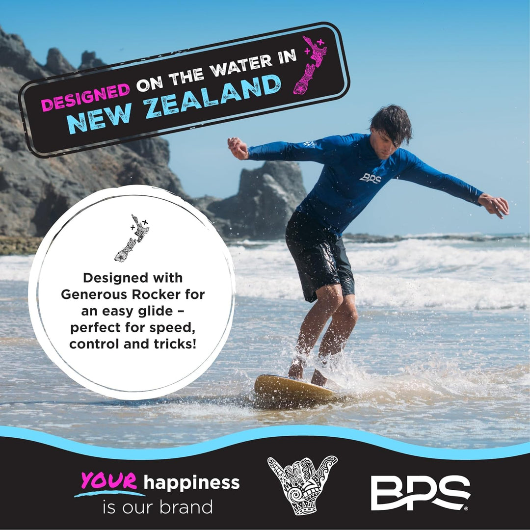 BPS New Zealand 'Shaka' Skimboard mit farbigem Eva-Griffpolster und hochglänzendem Klarlack, Skimboa