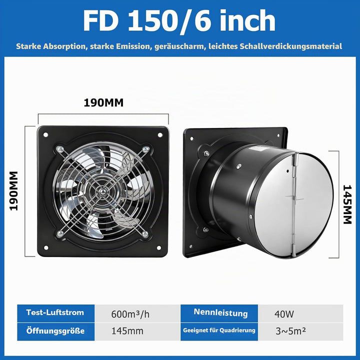 150mm Abluftventilator 600m³/h, badlüfter 150mm mit Rücklaufklappe, Rauchabzug Wandventilator Abluft