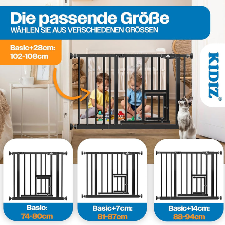 KIDIZ Absperrgitter zum Klemmen mit Katzenklappe, Türschutzgitter, Autoclose Kinder Treppengitter oh