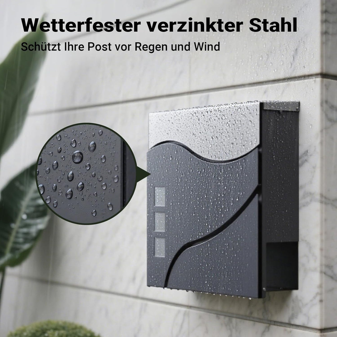 Wiltec Designer Briefkasten V28 Anthrazit und Edelstahl 370 x 102 x 370 mm, Wandbriefkasten mit Schl