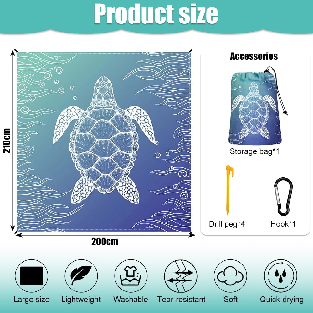 Stranddecke sandfrei, Extra gross 210 cm x 200 cm (Meeresschildkröte-B) | Picknickdecke Wasserdicht,