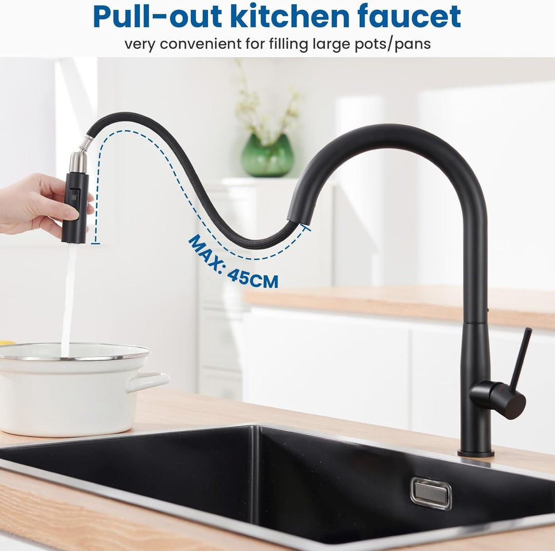 Auralum Wasserhahn Küche Schwarz, Hochdruck Küchenarmatur mit Brause Ausziehbar, Schwarz Armatur Küc