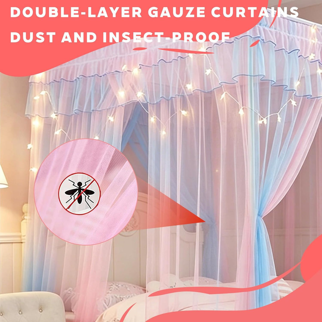 YOUYIKE Betthimmel Mädchen, 200x150x200cm Rosa Blau Zweifarbiger Moskitonetz mit LED Warmweiss Licht