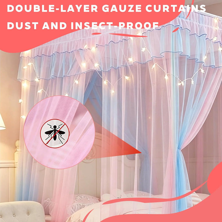 YOUYIKE Betthimmel Mädchen, 200x150x200cm Rosa Blau Zweifarbiger Moskitonetz mit LED Warmweiss Licht