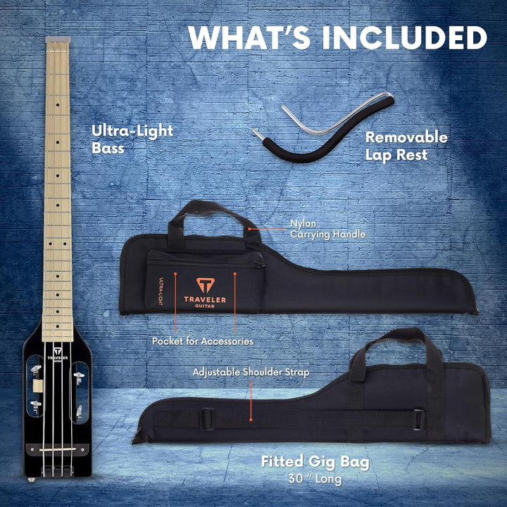 Traveler Guitar Ultra-Light Bassgitarre, Schwarz glänzend (ULB BKGMP) Schwarz glänzend Rechtshänder,