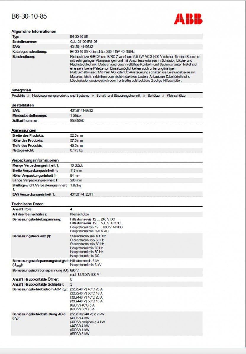 abb-entrelec B6 – minicontactor -3010 380/415 V.40/450Hz Schraube