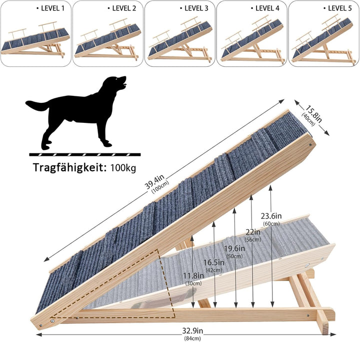 Hunderampe Klappbare Hunderampe aus Holz HöHenverstellbar 30-60cm rutschfeste Haustiertreppe Für Hun