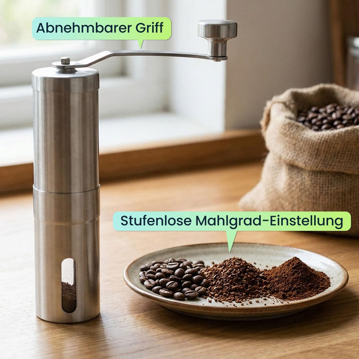 ideoon Robuste Handkaffeemühle Edelstahl mit Keramikmahlwerk, stufenlose Mahlgrad-Einstellung, abneh