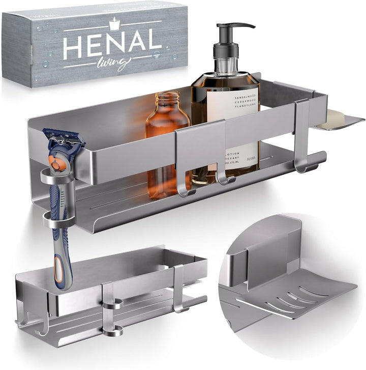 HENAL Duschablage Set 5 in 1, Edelstahl-Duschablage matt gebürstet ohne Bohren, Duschregal inklusive
