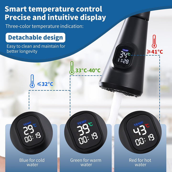 HOMELODY Wasserhahn Küche Schwarz mit LED Temperaturanzeige, Küchenarmatur Ausziehbar, Hochdruck Mis