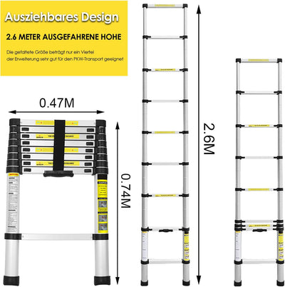 Randaco Aluminium Teleskopleiter, 2,6M Rutschfester Aluleiter Schiebeleiter Sprossenleiter, Ausziehl