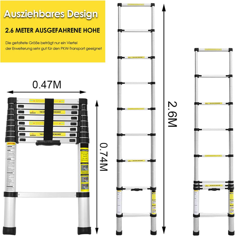 Randaco Aluminium Teleskopleiter, 2,6M Rutschfester Aluleiter Schiebeleiter Sprossenleiter, Ausziehl