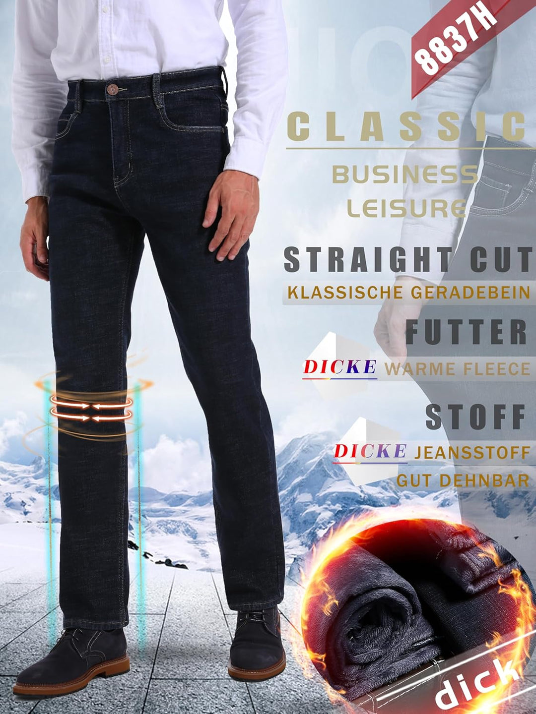 Thermojeans Herren Thermohose Schneehose gefütterte Winterhose Winterjeans mit Fleece gefüttert Hose