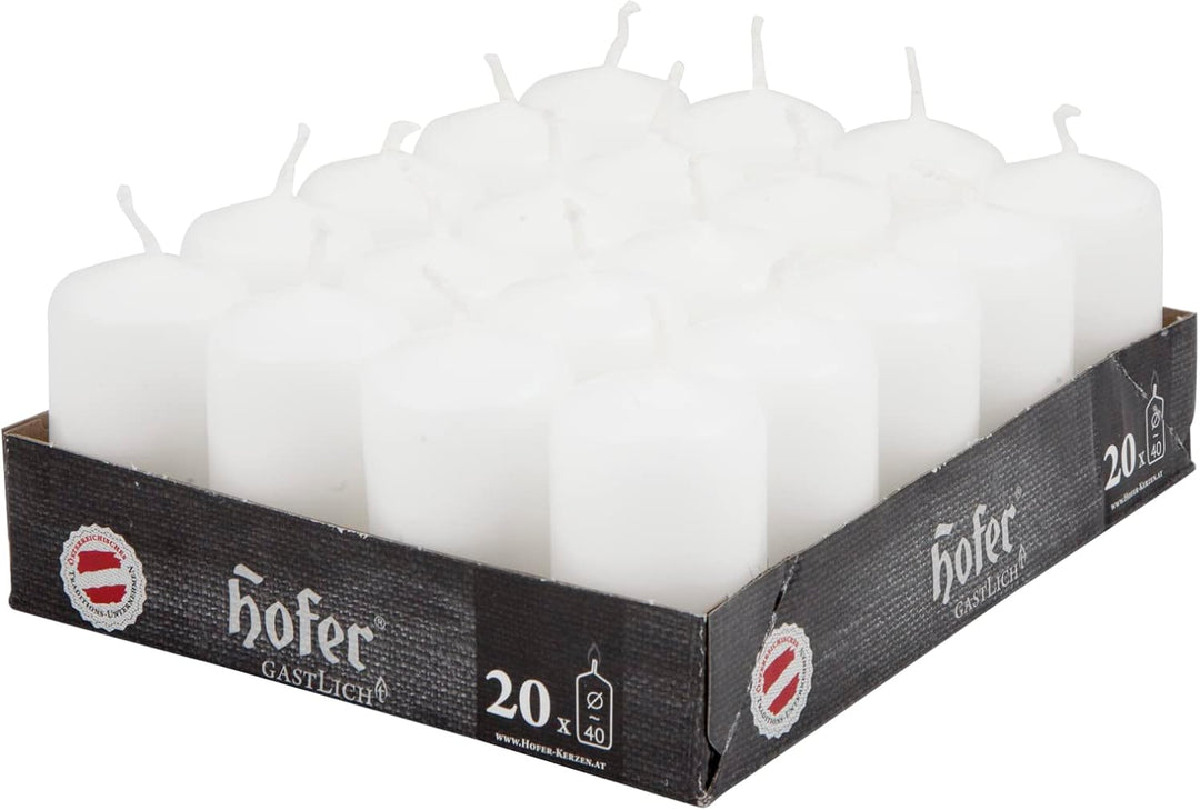 Hofer Stumpenkerzen Wachskerzen - Lange Brenndauer: 7 Stunden - 4 x 7 cm - Farbe Weiss - 40 Stück We