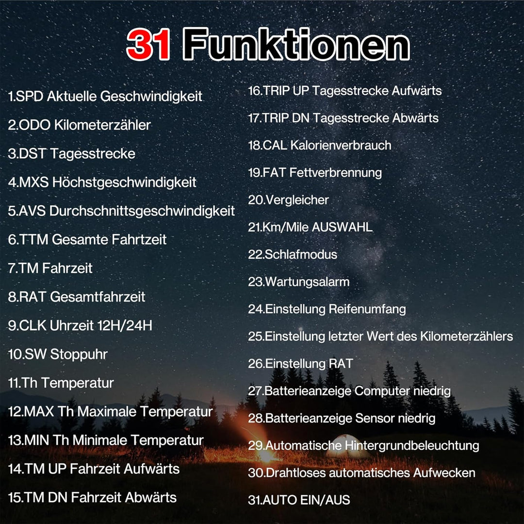 Fahrradcomputer Kabellos 31 Funktionen Fahrrad Tacho, 3 Zoll grossem Bildschirm wasserdichte Fahrrad