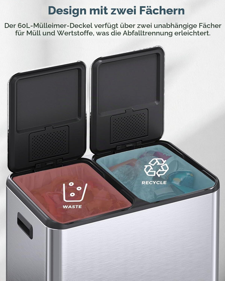 LIFERUN Mülleimer 2 Fächer, 2 x 30 Liter Treteimer mit Geruchsfilter, Deckel Geräuschlos, Inneneimer