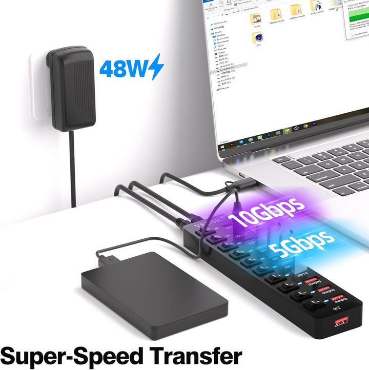 USB Hub mit Netzteil, VKUSRA 11-Port USB C 3.2 Hub mit 10Gbps USB-C 3.2 Datenports*2 und USB 3.2 Dat