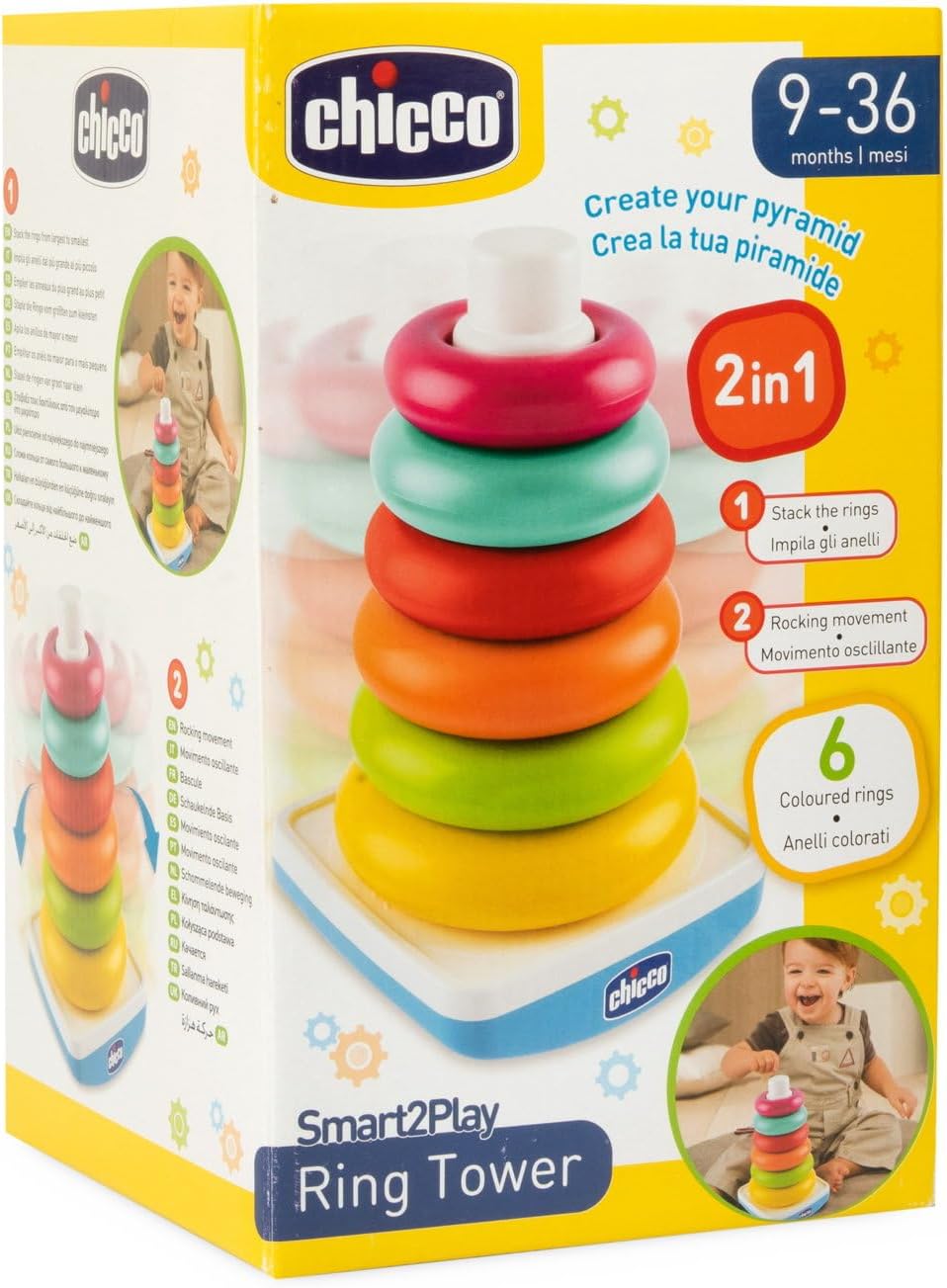Chicco Baby-Stapelring & Ringpyramide, Steckturm, Spiel mit schwingendem Unterteil und 6 stapelbaren