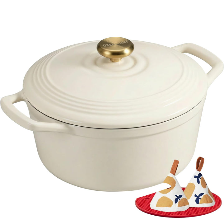 Overmont Bräter Emaille Gusseisen Topf - Schmortopf 26cm backofengeeignet - mit Deckel und Kochbuch