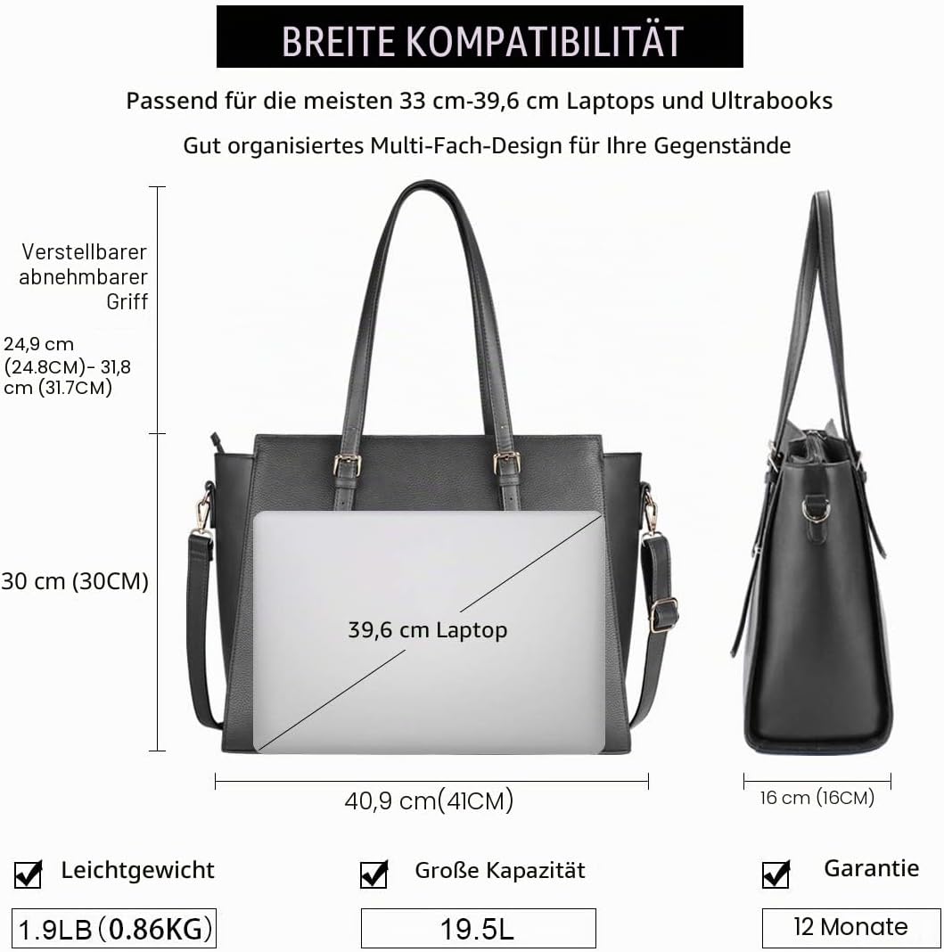 NEWHEY Handtasche Damen Shopper Damen Grosse Schwarz Gross Laptop Tasche 15.6 Zoll Elegant Leder Umh