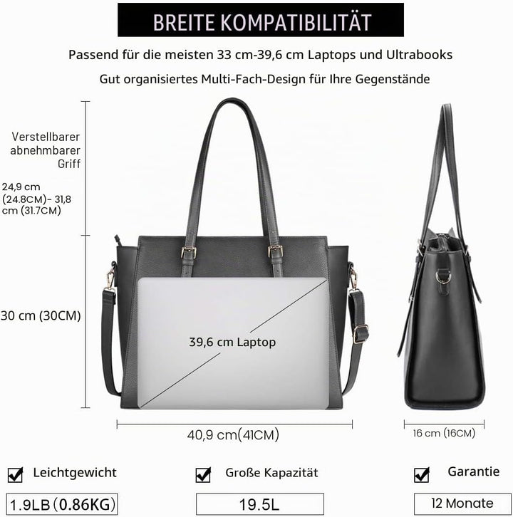 NEWHEY Handtasche Damen Shopper Damen Grosse Schwarz Gross Laptop Tasche 15.6 Zoll Elegant Leder Umh