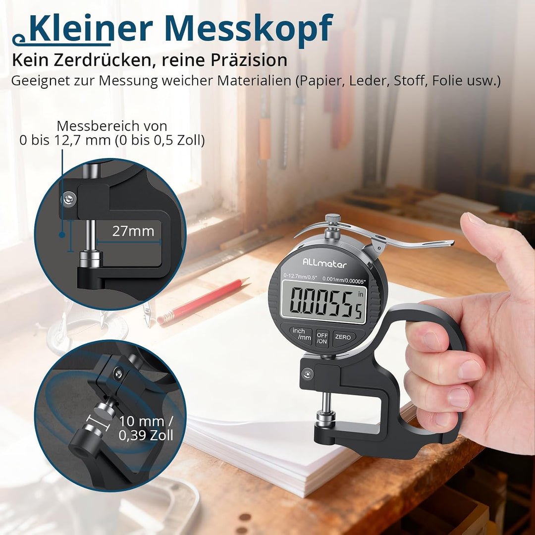 Digitales Dickenmessgerät 0-12,7mm, 0,001mm/0,00005'' Präzisions-LCD Messgerät für Leder, Papier, St